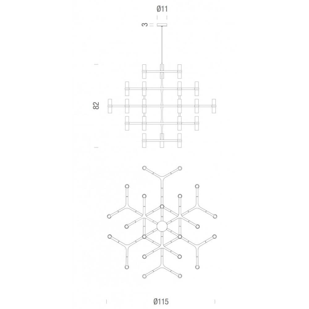 Technische Zeichnung der Nemo Crown Major Hängelampe, Ø 115cm mit modularer Schneekristallform.