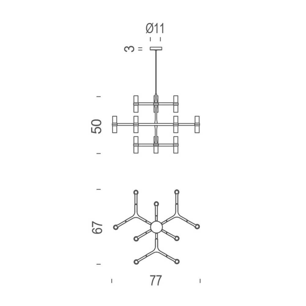 Technische Zeichnung der Nemo Crown Minor Hängeleuchte, 12-flammig, Ø 87cm, mit Abmessungen.