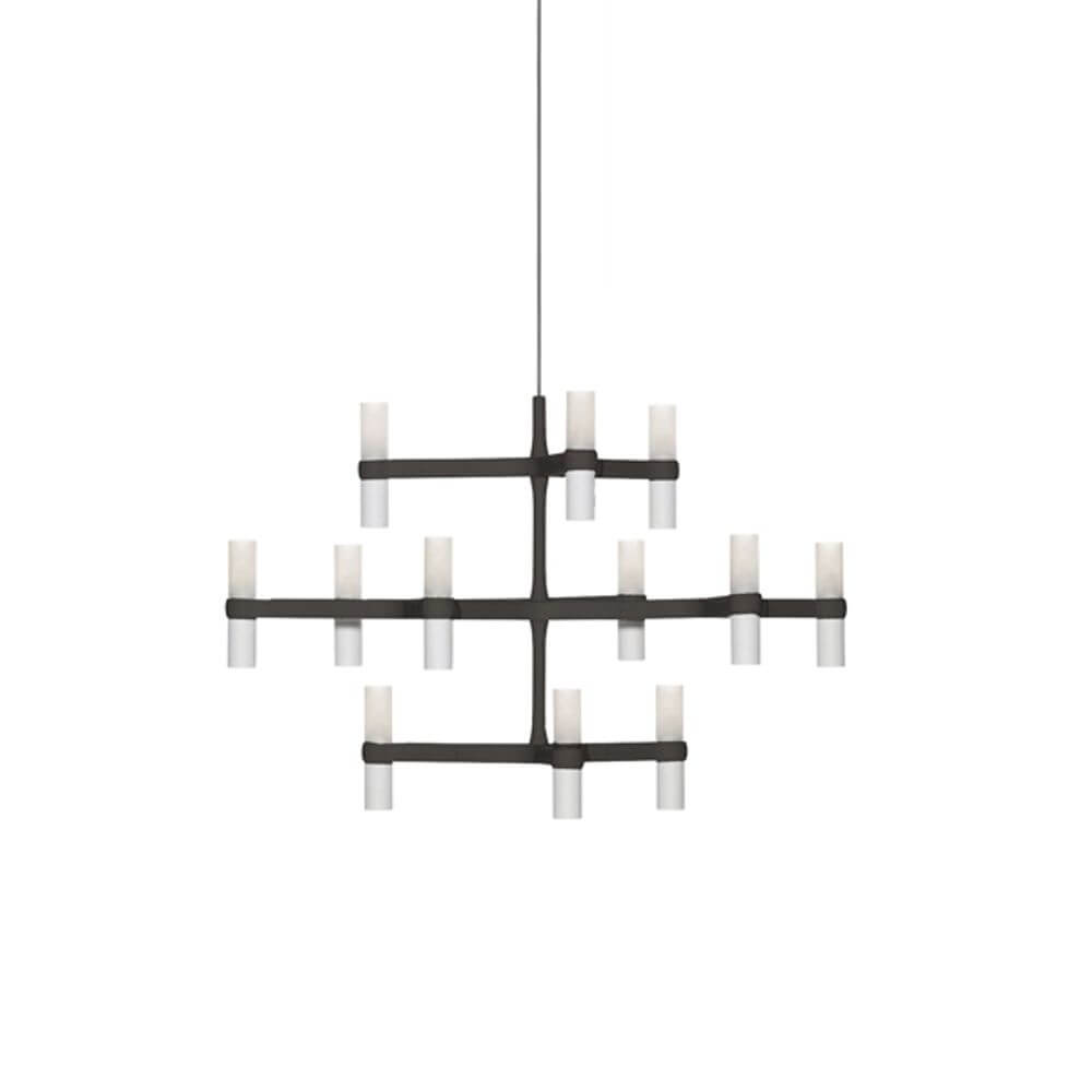 Nemo Crown Minor Hängeleuchte 12-flammig in matt schwarz mit Diffusorschalen aus Gläsern.