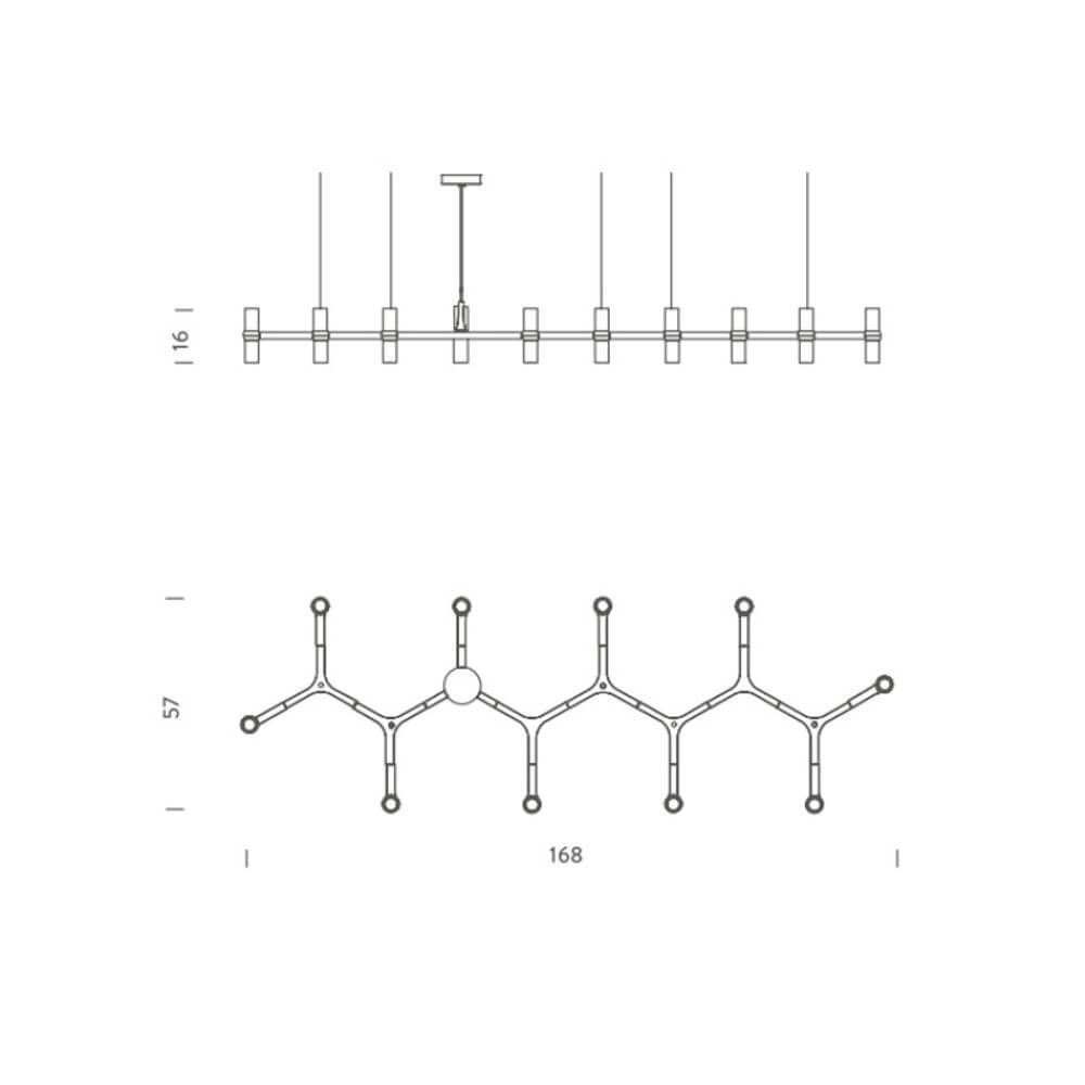 Technische Zeichnung der Nemo Crown Plana Esstischlampe, 10-flg, mit Abmessungen 168cm x 57cm.
