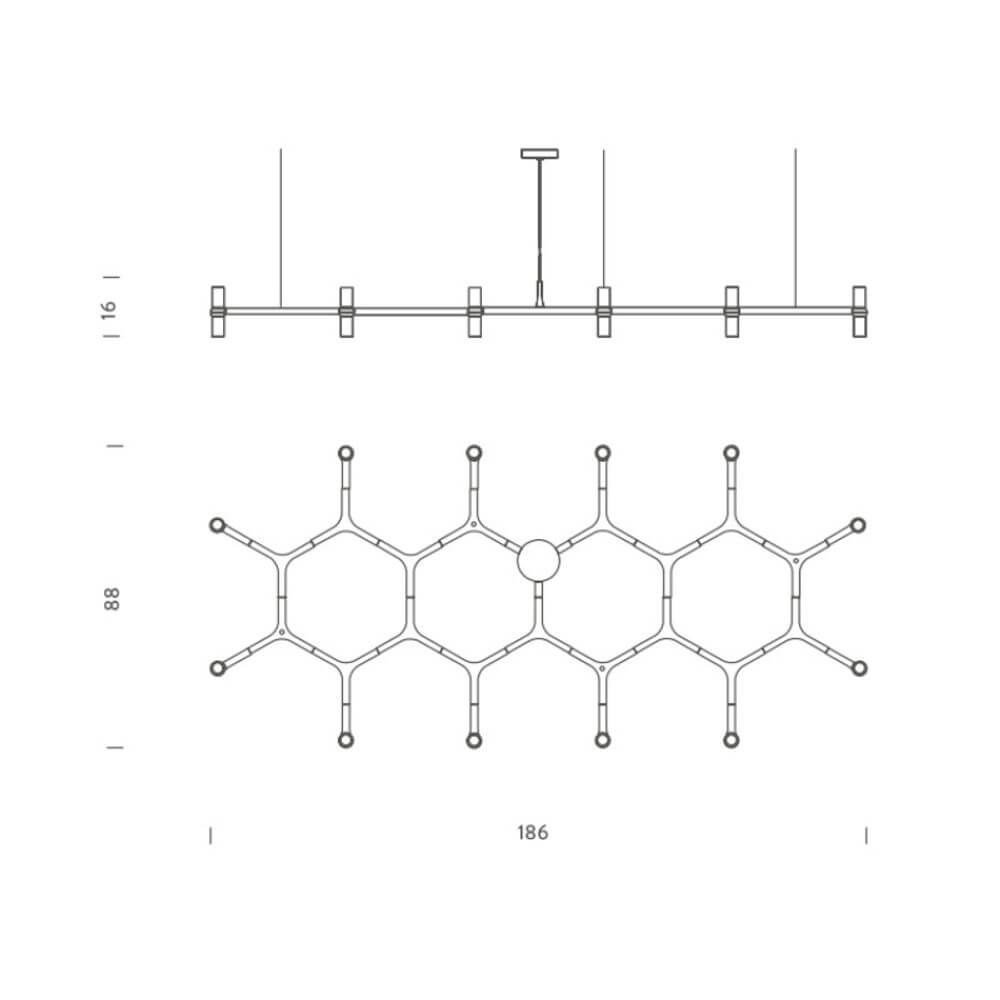 Technische Zeichnung der Nemo Crown Plana Major Esstischleuchte 12-flammig, 186cm, mit den Maßen und Details.