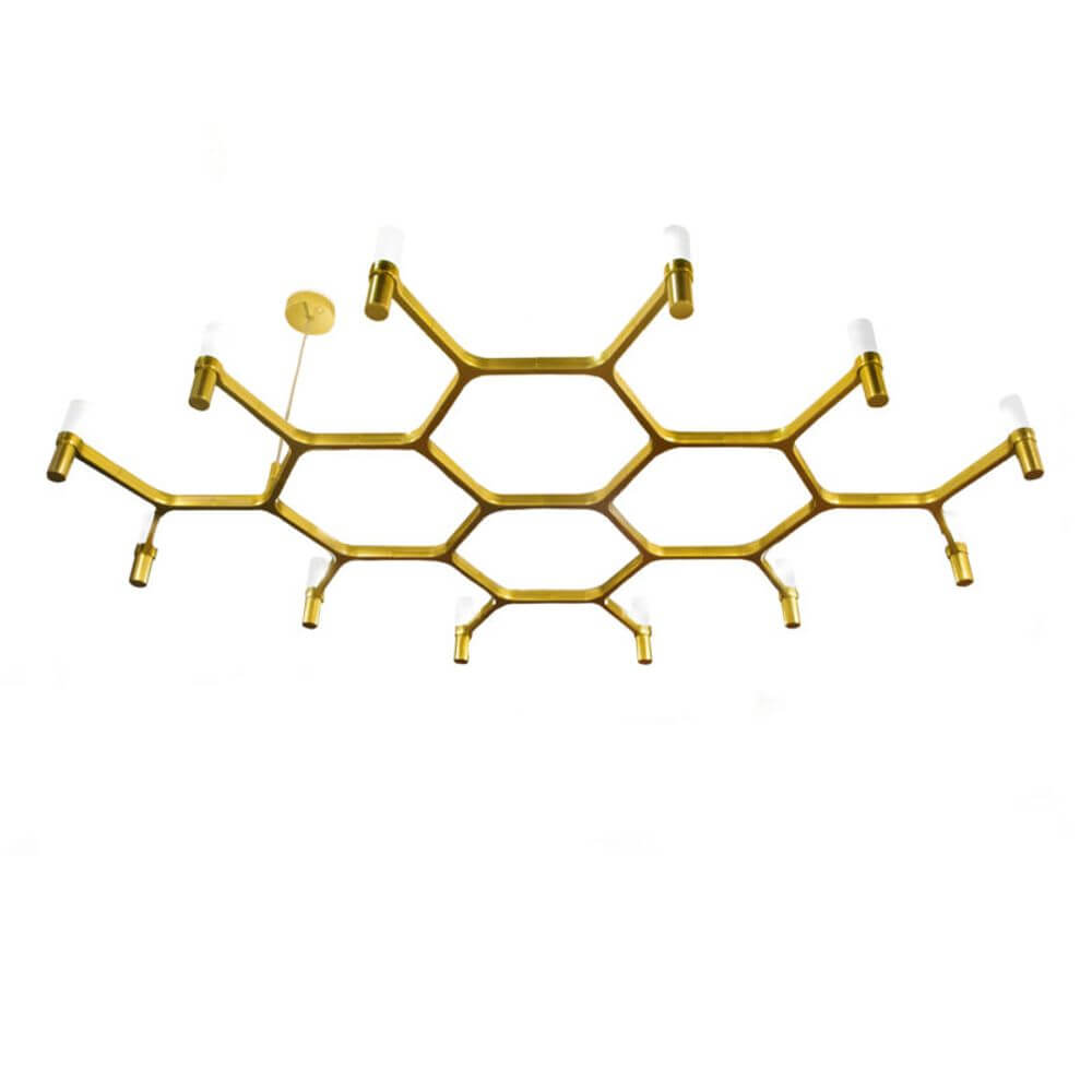 Nemo Crown Plana Mega Hängeleuchte 12-flammig in modernem Design, goldfarbig mit diffusierenden Glaselementen.