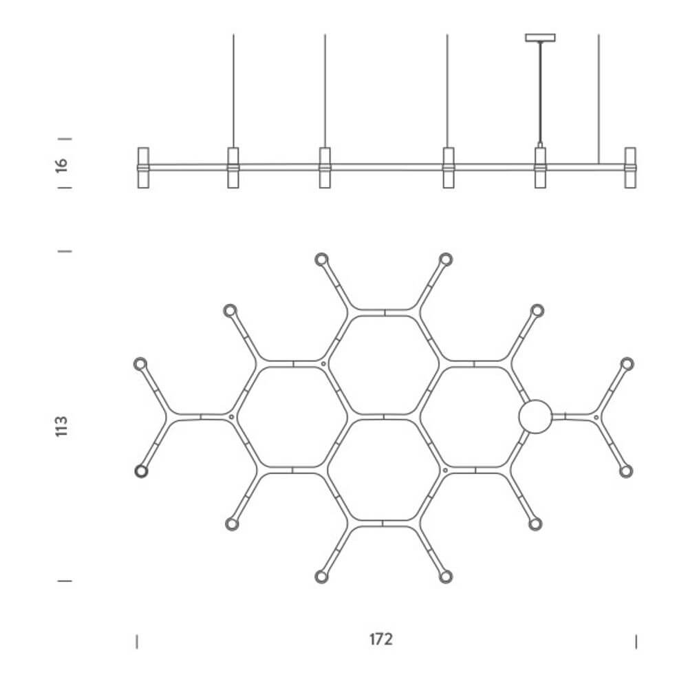 Technische Zeichnung der Nemo Crown Plana Mega Hängeleuchte 12-flammig, 172cm mit modularer Struktur.