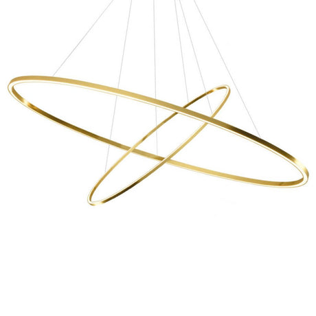 Suspension Nemo Ellisse Double Mega LED 186x95 cm en or anodisé avec des anneaux ovales.