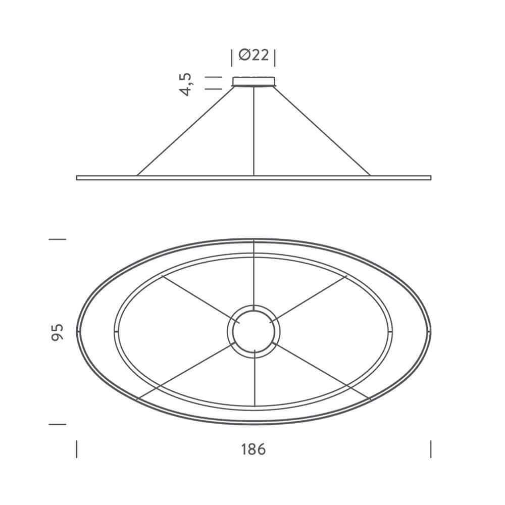 Technische Zeichnung der Nemo Ellisse Mega Up LED Pendellampe 186x95cm indirekt, Ansicht von oben und Seite.