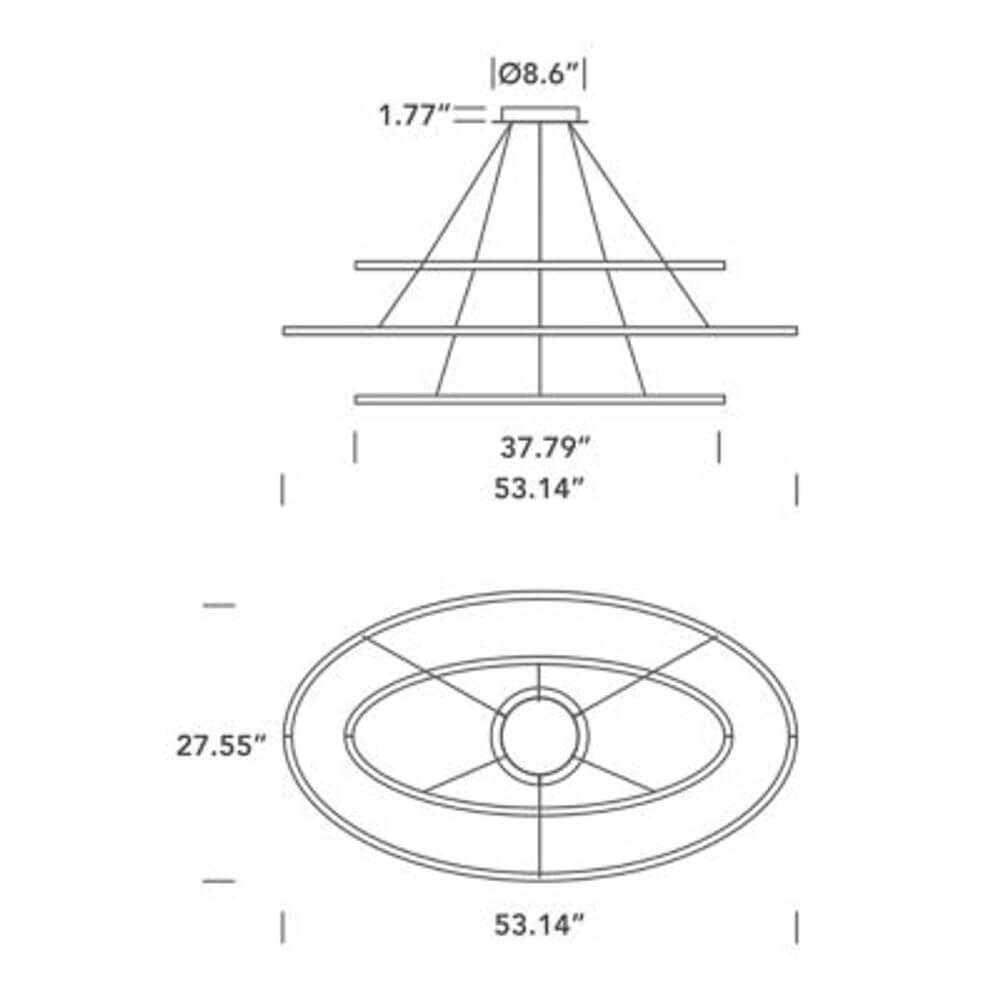 Technische Zeichnung der Nemo Ellisse Triple LED Hängelampe 3 Ringe mit Abmessungen.