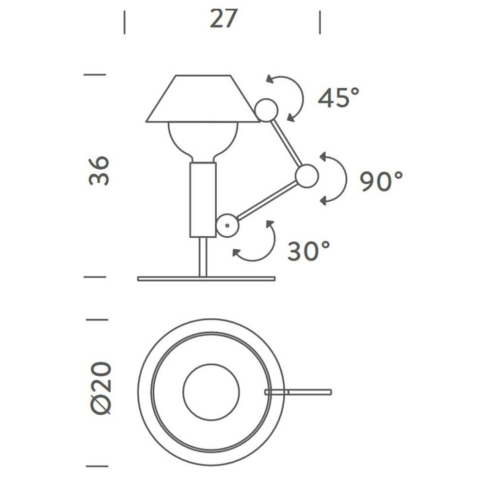Nemo Mr. Light Tischlampe technische Zeichnung mit Maßangaben und beweglichem Arm.