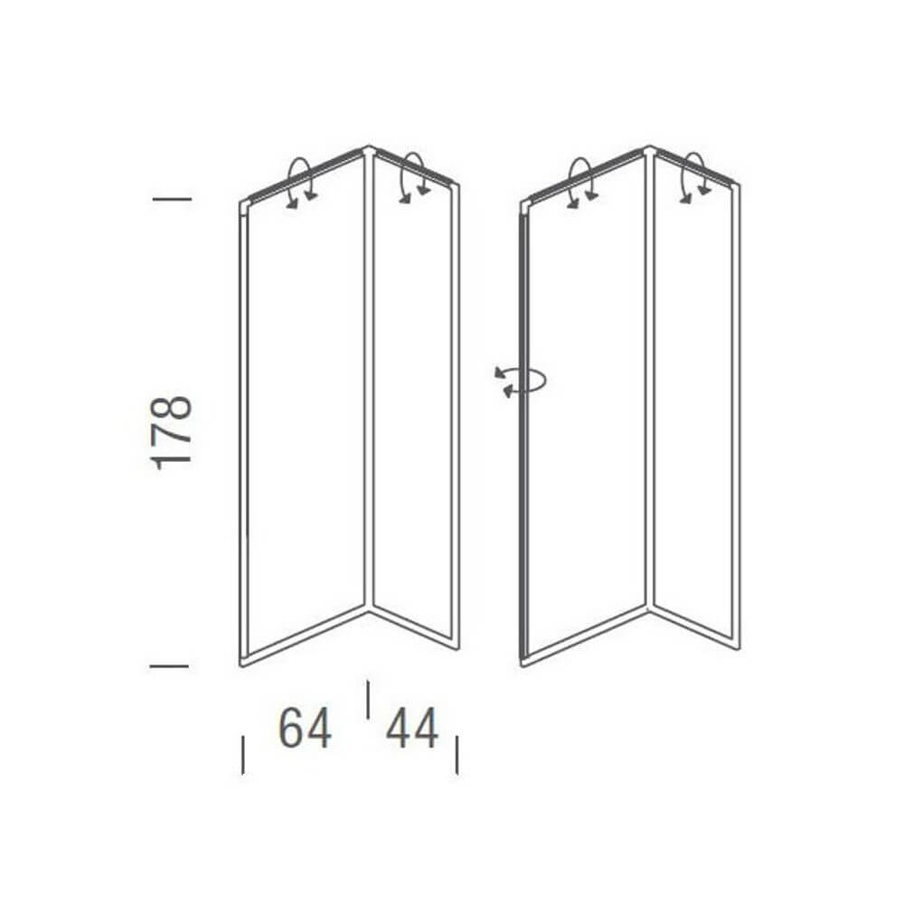 Nemo Spigolo LED Stehlampe 178cm drehbar technische Zeichnung mit Maßen 178cm, 64cm, 44cm.