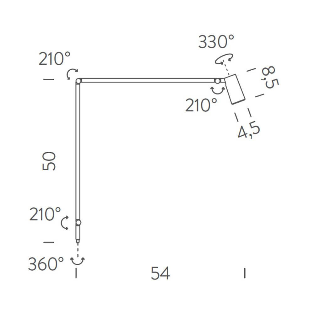 Technisches Diagramm der Nemo Untitled LED Tisch- und Wandlampe mit flexibler Lichtpositionierung.