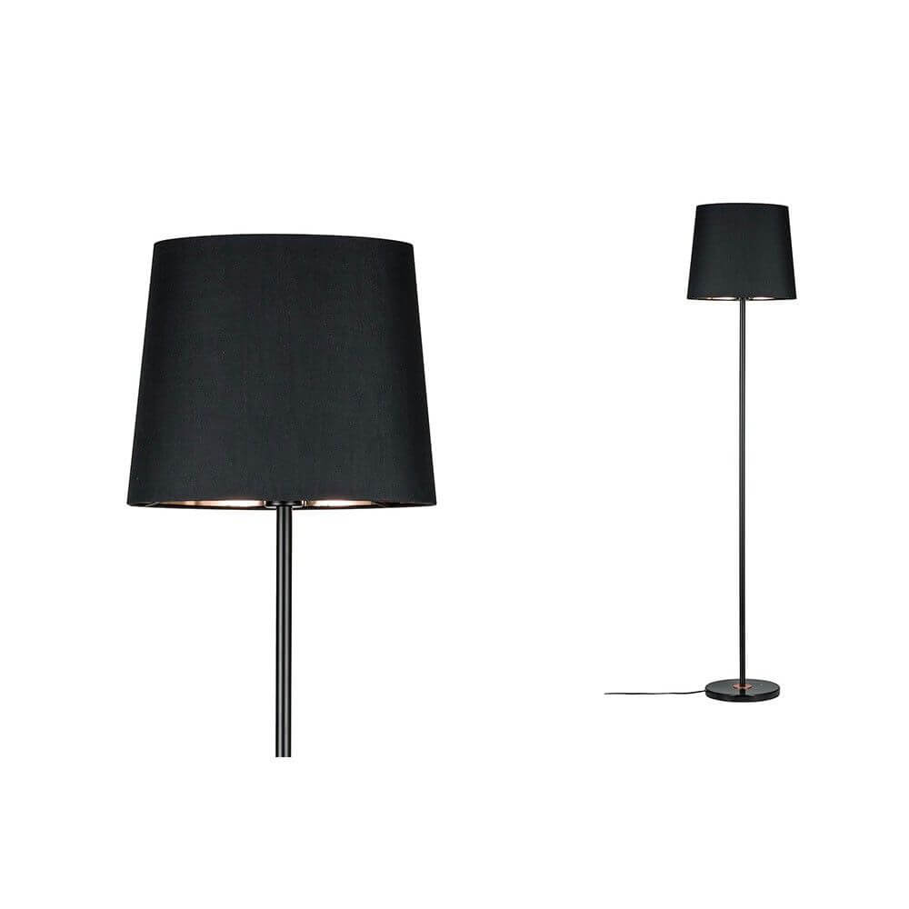 Neordic Enja Marmor Stehleuchte Schwarz Kupfer in modernem Design mit schwarzem Schirm und elegantem Fuß.