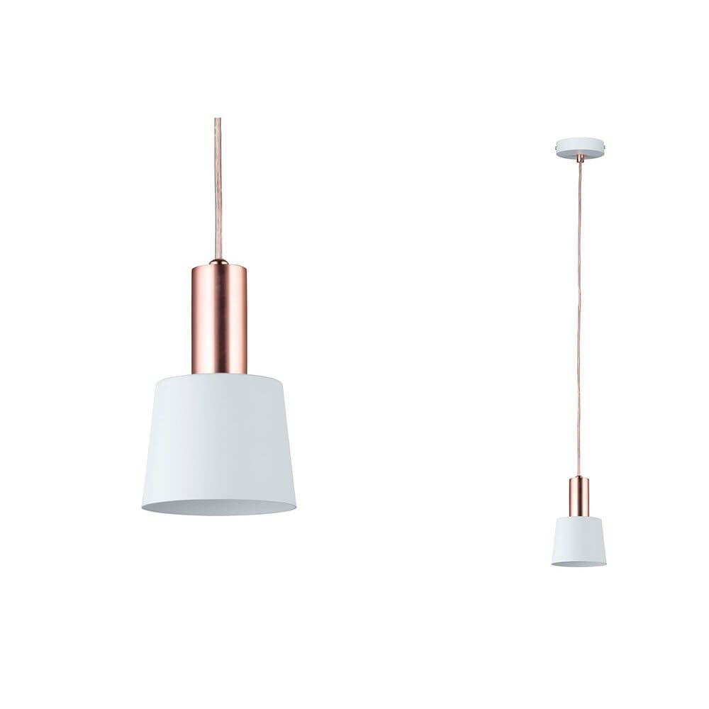 Neordic Haldar Pendelleuchte Weiß Kupfer modernes Design mit Kupfer- und weißen Akzenten.