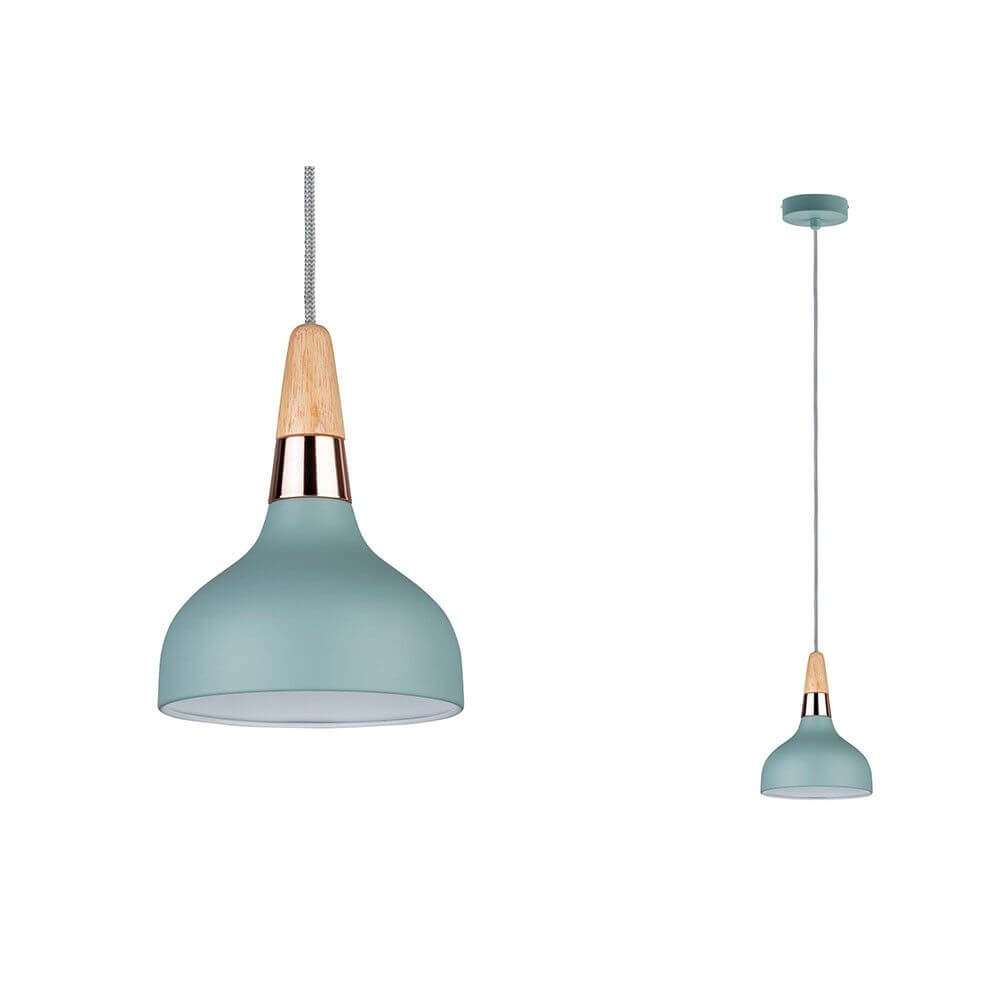 Neordic Holz Hängeleuchte Juna Softgrün mit Holz- und Metallmix in trendigem Kupfer und softem Grün.