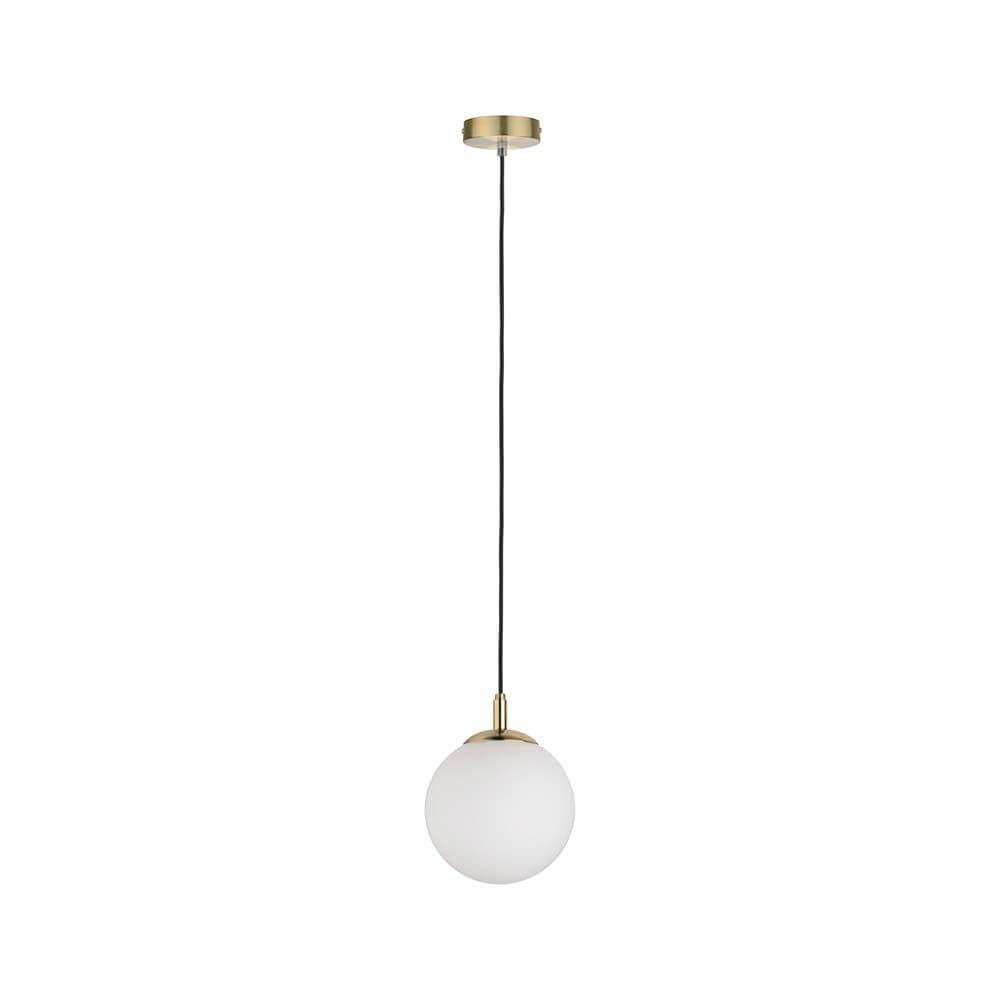 Neordic Menja Pendell max1x20W E27 Weiß Messing gebürstet hängende Pendelleuchte aus satiniertem Glas und gebürstetem Messing.