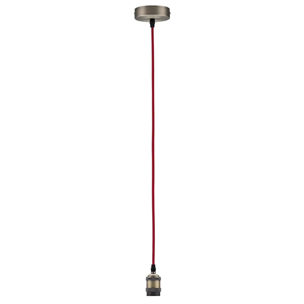 Neordic Pendelleuchte Eldar Rot, Nickel-Gebürstet mit rotem Stoffkabel und brünierter Fassung im Vintagelook.