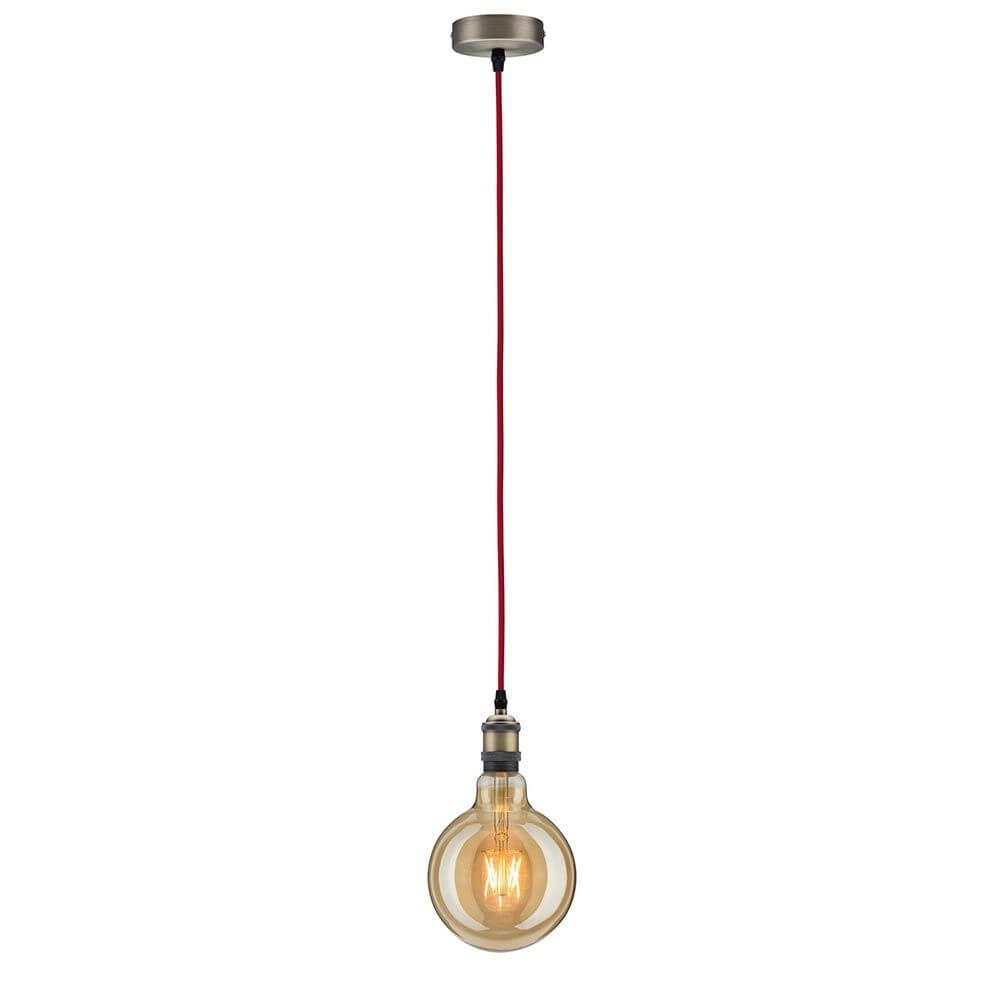 Neordic Pendelleuchte Eldar Rot, Nickel-Gebürstet mit rotem Kabel und brünierter Fassung im Retrolook.