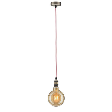 Neordic Pendelleuchte Eldar Rot, Nickel-Gebürstet im Retrolook mit rotem Stoffkabel und E27-Leuchtmittel