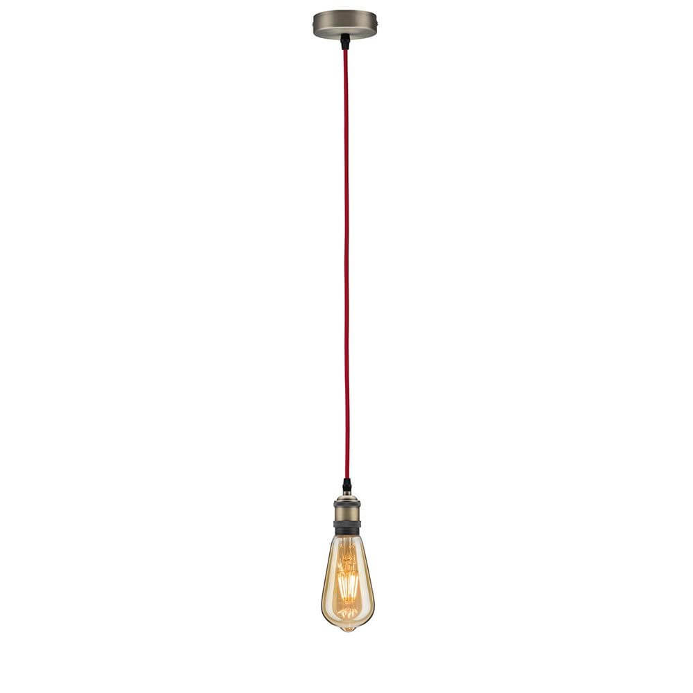 Neordic Pendelleuchte Eldar Rot, Nickel-Gebürstet mit rotem Stoffkabel und brünierter Fassung im Vintagelook