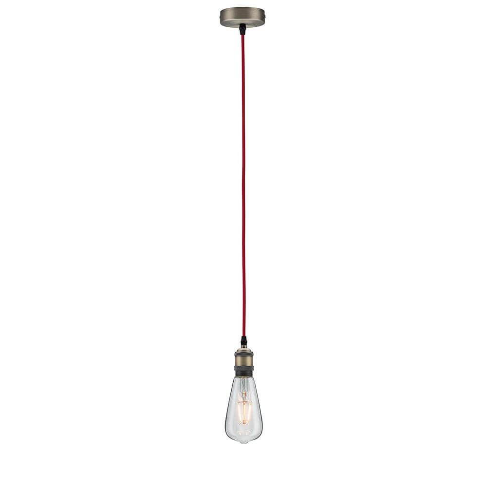 Neordic Pendelleuchte Eldar Rot, Nickel-Gebürstet mit rotem Kabel und brünierter Fassung im Retrolook.