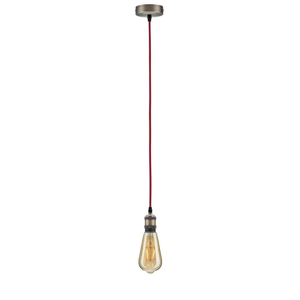 Neordic Pendelleuchte Eldar Rot, Nickel-Gebürstet mit rotem Stoffkabel und stylischer Fassung im Retrolook.