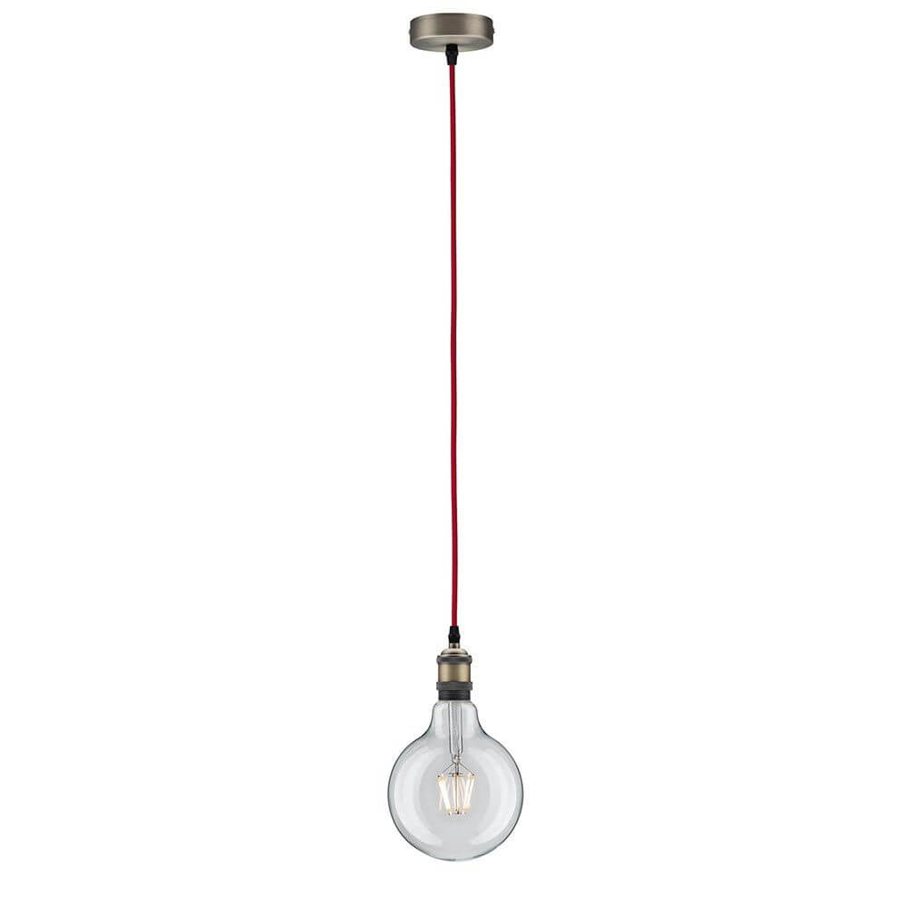 Neordic Pendelleuchte Eldar Rot, Nickel-Gebürstet mit rotem Kabel und klarem Glas-Design im Vintage-Stil.