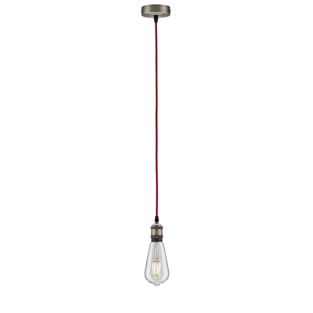 Neordic Pendelleuchte Eldar Rot, Nickel-Gebürstet mit rotem Stoffkabel und klarer Glühbirne im Vintage-Stil