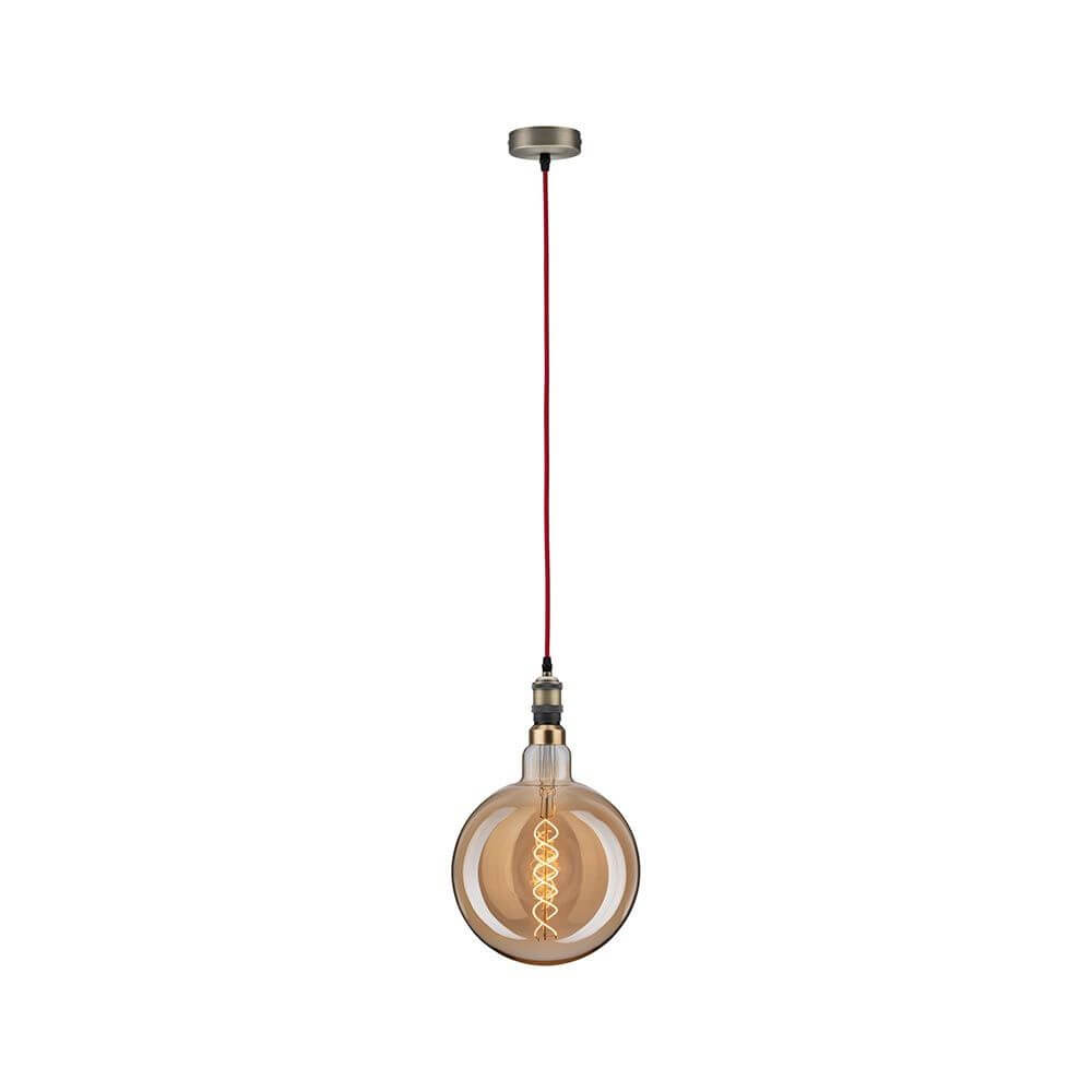 Neordic Pendelleuchte Eldar Rot, Nickel-Gebürstet mit rotem Kabel und bronzierter Fassung im Retrolook.