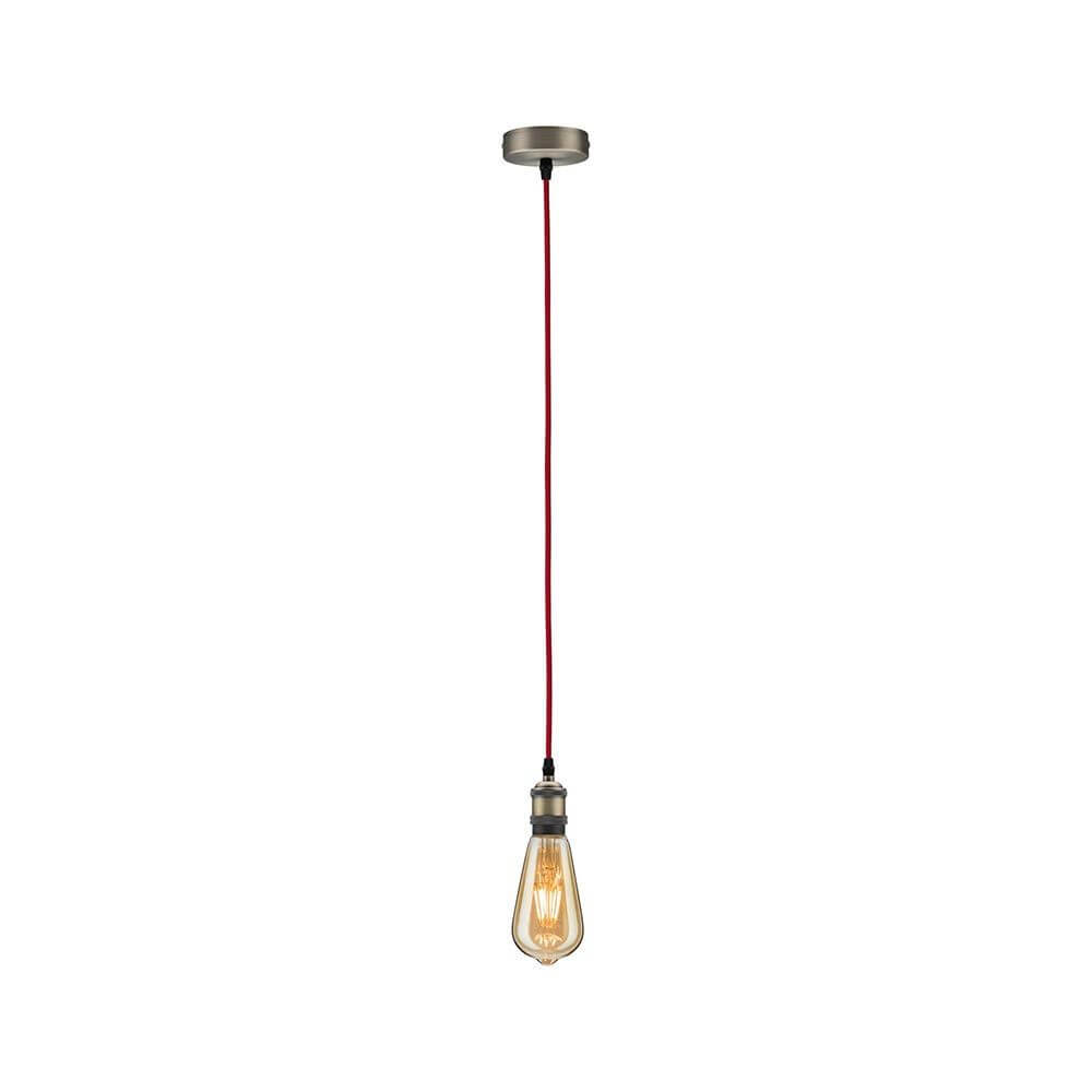 Neordic Pendelleuchte Eldar Rot, Nickel-Gebürstet mit rotem Kabel und brünierter Fassung im Retrolook.