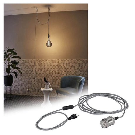 Neordic Pendelleuchte Eldar Grau, Nickel Dimmbar inkl. Stecker hängende Lampe mit grauem Stoffkabel, E27-Fassung und Eurostecker im Retrolook