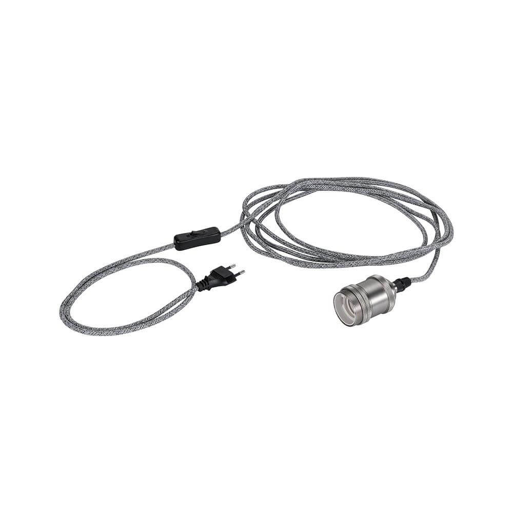 Alt Tag: Neordic Pendelleuchte Eldar Grau, Nickel Dimmbar inkl. Stecker – graues Stoffkabel mit Eurostecker, E27 Fassung und Kabelschalter