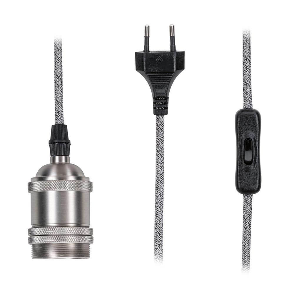 Neordic Pendelleuchte Eldar Grau, Nickel Dimmbar inkl. Stecker – graues Stoffkabel mit Eurostecker, nickelfarbene E27-Fassung und Kabelschalter