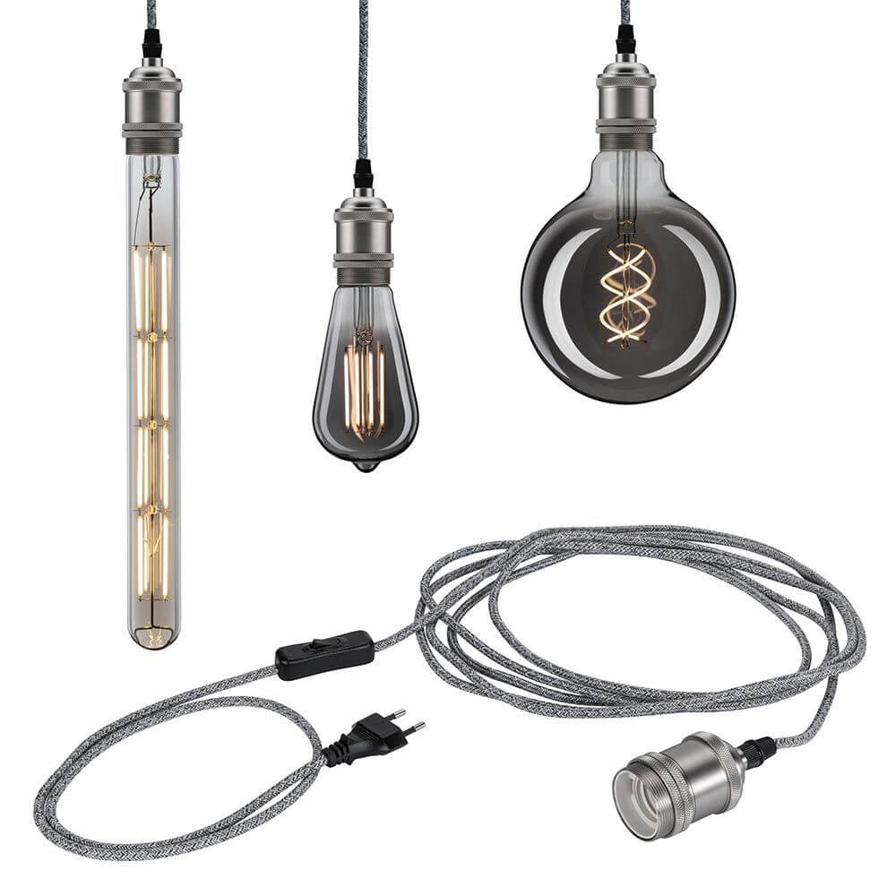 Neordic Pendelleuchte Eldar Grau, Nickel Dimmbar inkl. Stecker – graues Stoffkabel, nickelfarbene E27-Fassung und Eurostecker