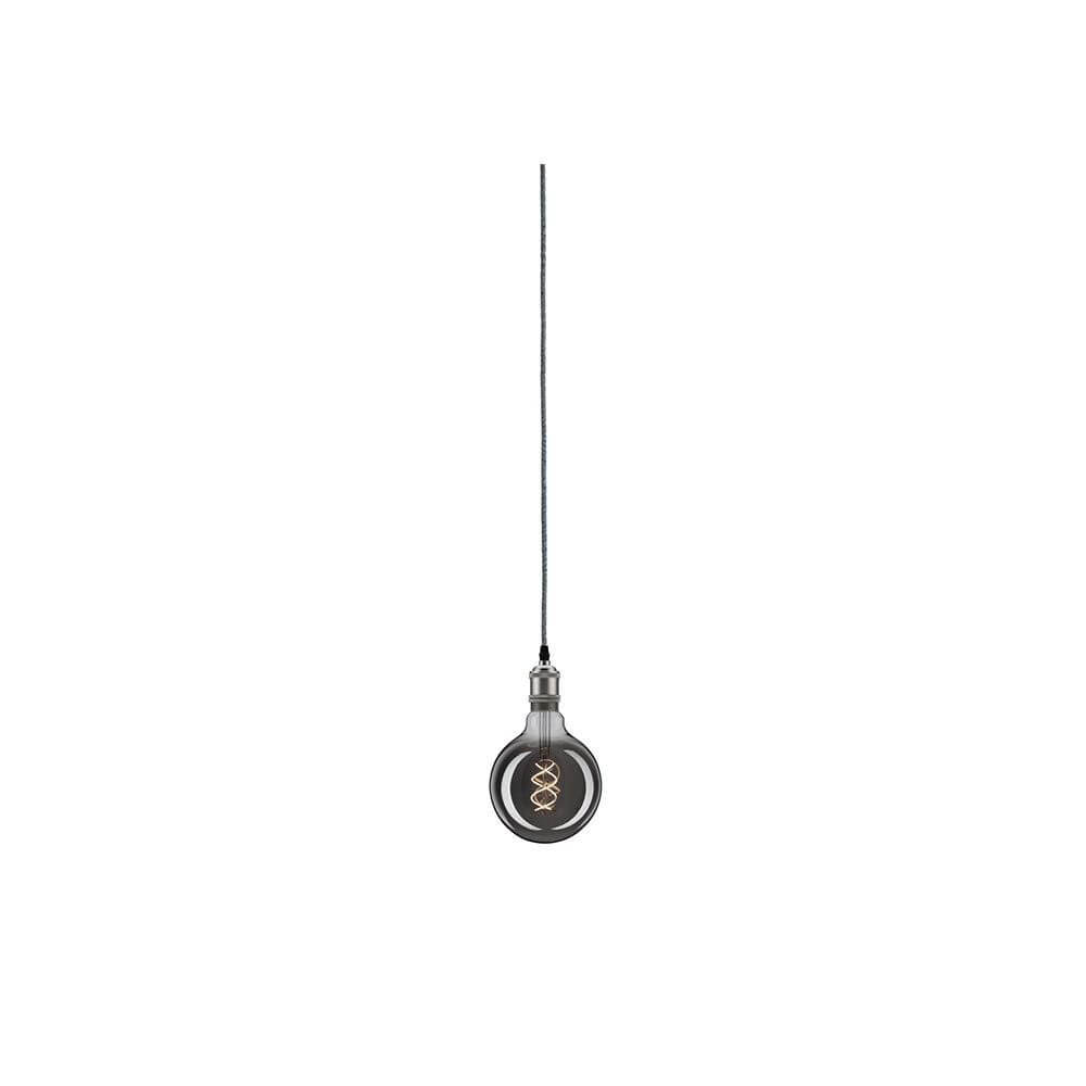 Alt Tag: Neordic Pendelleuchte Eldar Grau, Nickel Dimmbar inkl. Stecker - einzelne Retro Pendellampe mit grauem Stoffkabel und nickelfarbener E27-Fassung