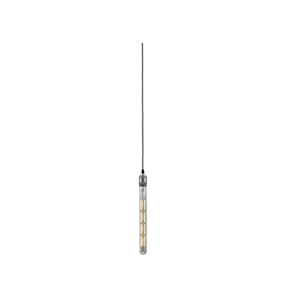 Alt Tag: Neordic Pendelleuchte Eldar Grau, Nickel Dimmbar inkl. Stecker hängende Retro-Pendellampe mit grauem Stoffkabel und nickelfarbener E27-Fassung