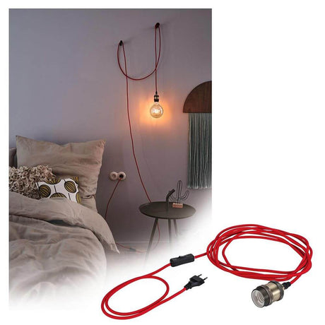 Neordic pendant light Eldar incl. plug Red, Chrome with red fabric cable and browned E27 socket.