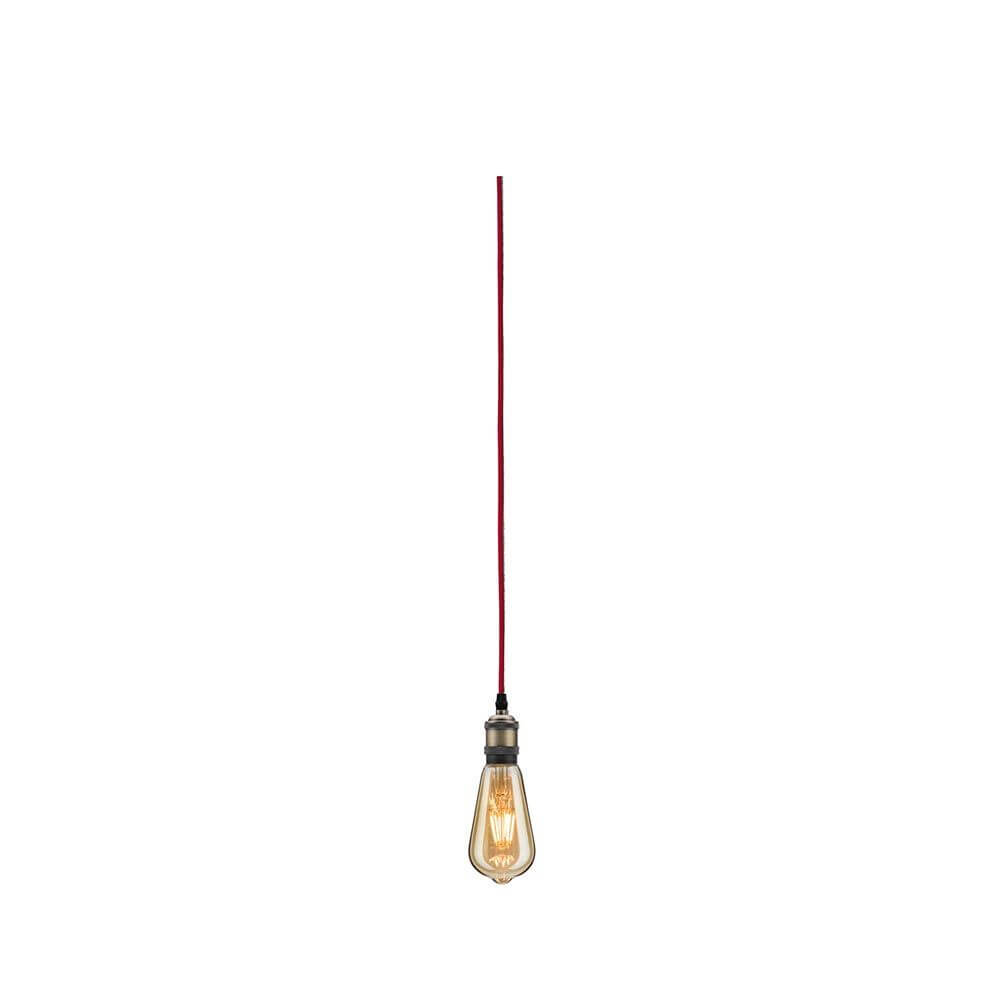Neordic Pendelleuchte Eldar inkl. Stecker Rot, Chrom mit rotem Stoffkabel und brünierter E27-Fassung.
