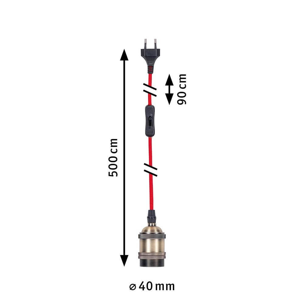 Neordic Pendelleuchte Eldar inkl. Stecker Rot, Chrom - Abbildung der Pendellampe mit Maßangaben und Stecker.
