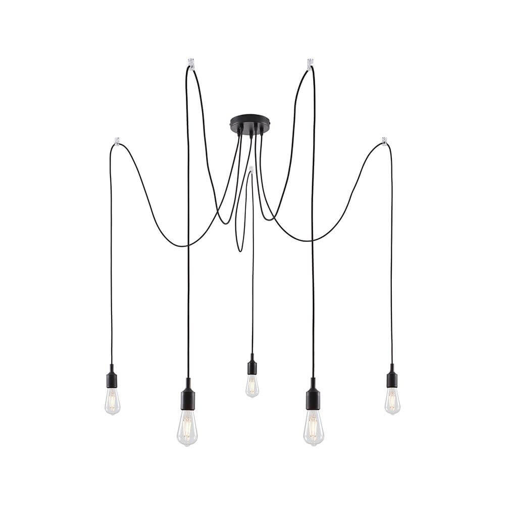 Neordic Pendelleuchte Ketil 5-flg, Metall, Silkon mit schwarzen Kabeln und Lichtquellen.