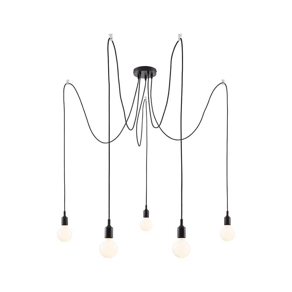 Neordic Pendelleuchte Ketil 5-flg, Metall, Silkon mit fünf hängenden Lampen aus schwarzem Kabeldesign.