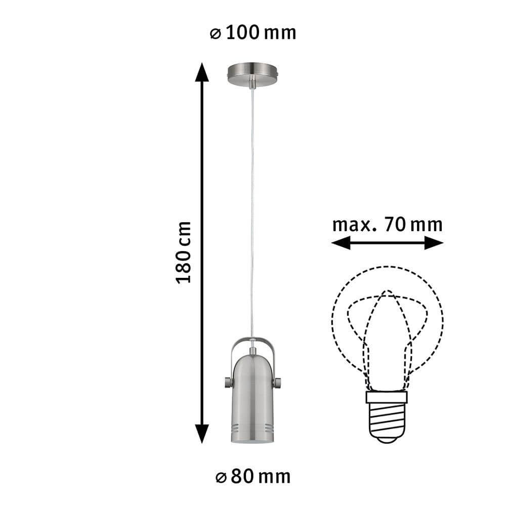 Neordic Pendelleuchte Lavea Metall Gebürstet mit Maßen und Designskizze.