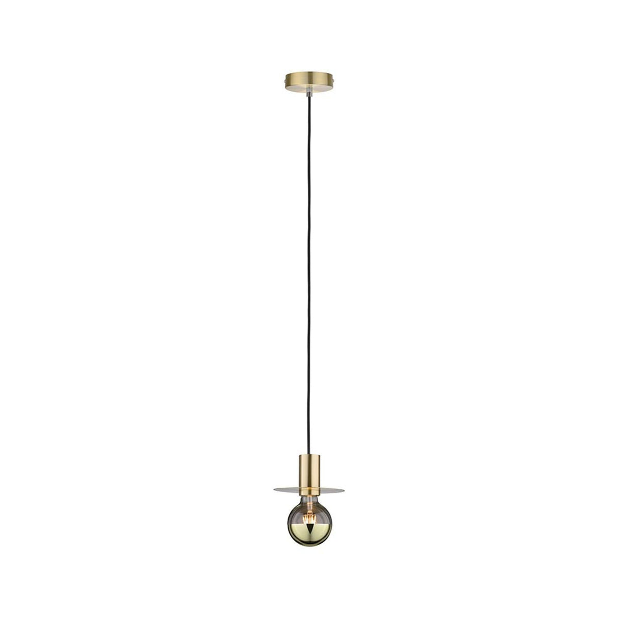 Neordic Pendelleuchte Stian Messing-Gebürstet mit schwarzem Kabel und transparenter Glühlampe.