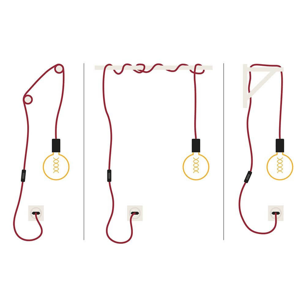 Kreative Lichtinstallationen mit roten Kabeln und Leuchtmitteln in verschiedenen Anordnungen.