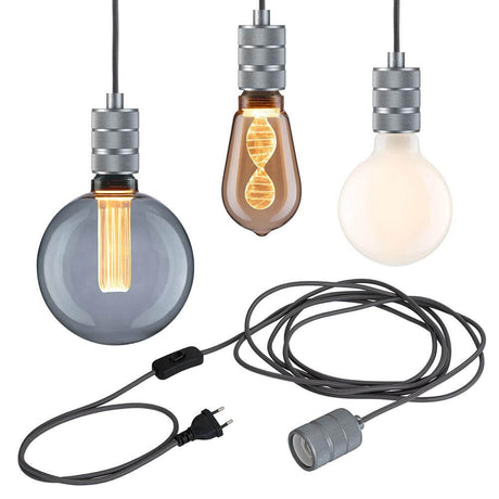 Neordic Pendelleuchte Tilla inkl. Stecker Alu Dimmbar Metall - drei verschiedene Leuchtmittel und Anschlusskabel im Bild.