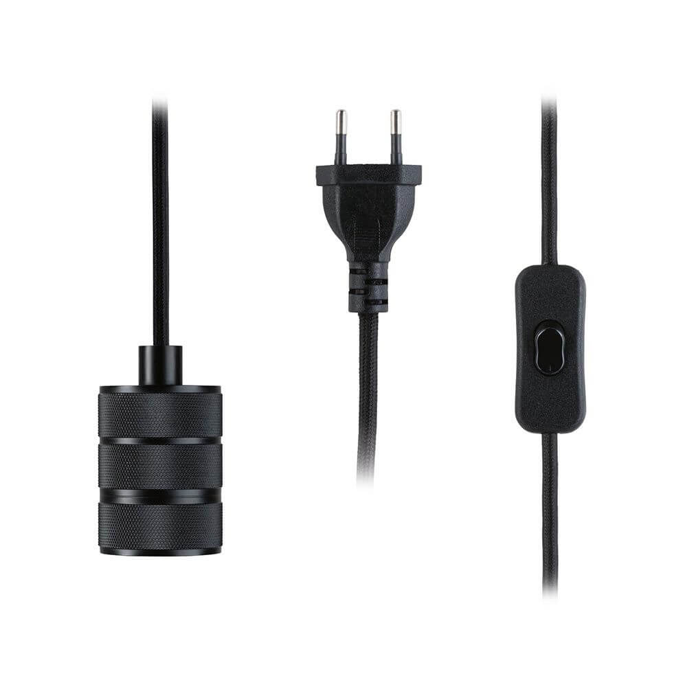 Steckerfertiges Kabel mit Eurostecker, Schalter und Fassung für moderne Pendelleuchten in Schwarz.