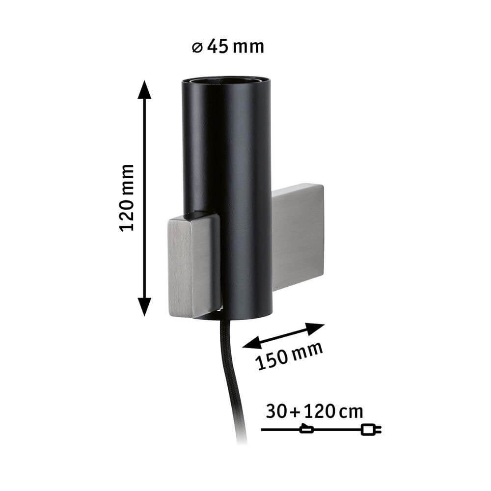 Neordic Wandleuchte Aik Dimmbar Schwarz mit Abmessungen, Ø 45 mm, Höhe 120 mm, Breite 150 mm und Kabelmaß 30+120 cm.