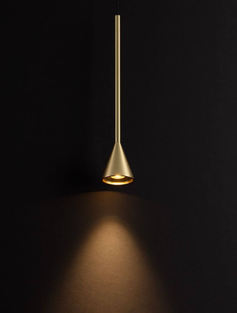 Alt Tag: Net LED Pendelleuchte Ø 6cm 3000K in mattem Schwarz, filigranes Aluminiumprofil, fokussierte Lichtinsel nach unten