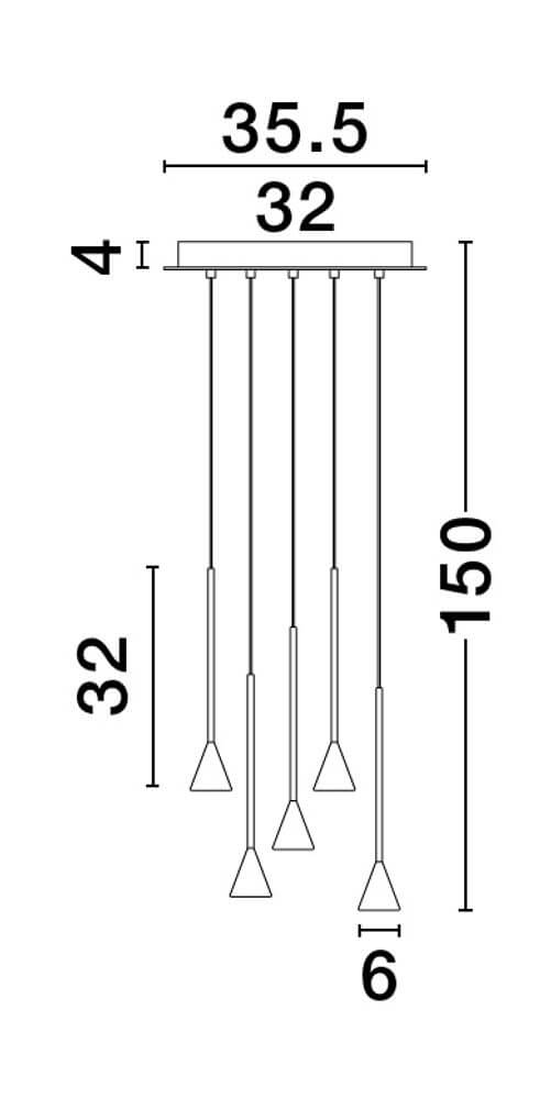 Technische Zeichnung der Net LED Pendelleuchte 5-flammig Ø 35,5cm 3000K Schwarz mit Abmessungen.