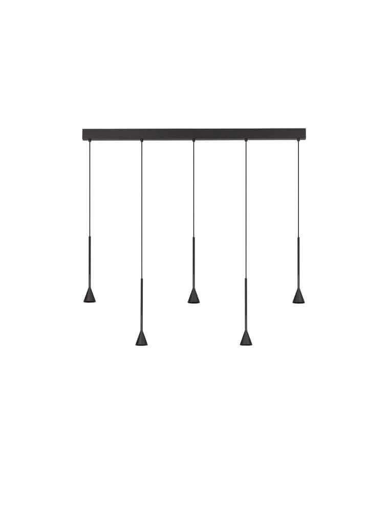 Net LED Pendelleuchte 5-flammig 3000K Schwarz mit sleek design und fünf Pendelkegeln in mattem Schwarz.