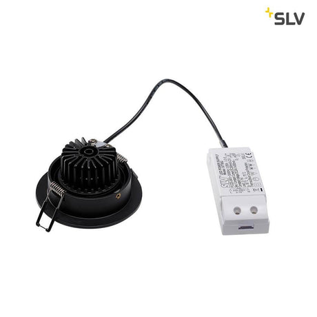 New Tria Round Downlight Black 6W 38° 3000K with swiveling LED insert and transformer.