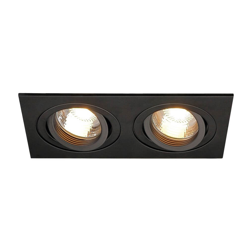 Eckige schwarze GU10 Downlight New Tria II mit zwei Leuchtmitteln und schwenkbarem Design.