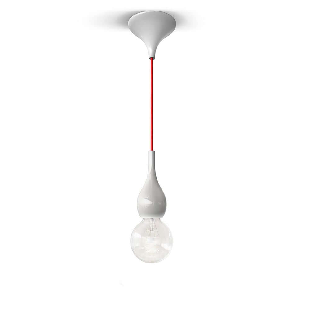 Blubb Mini Glas-Pendelleuchte mit rotem Kabel und weißem Baldachin, ideal für moderne Einrichtungen.